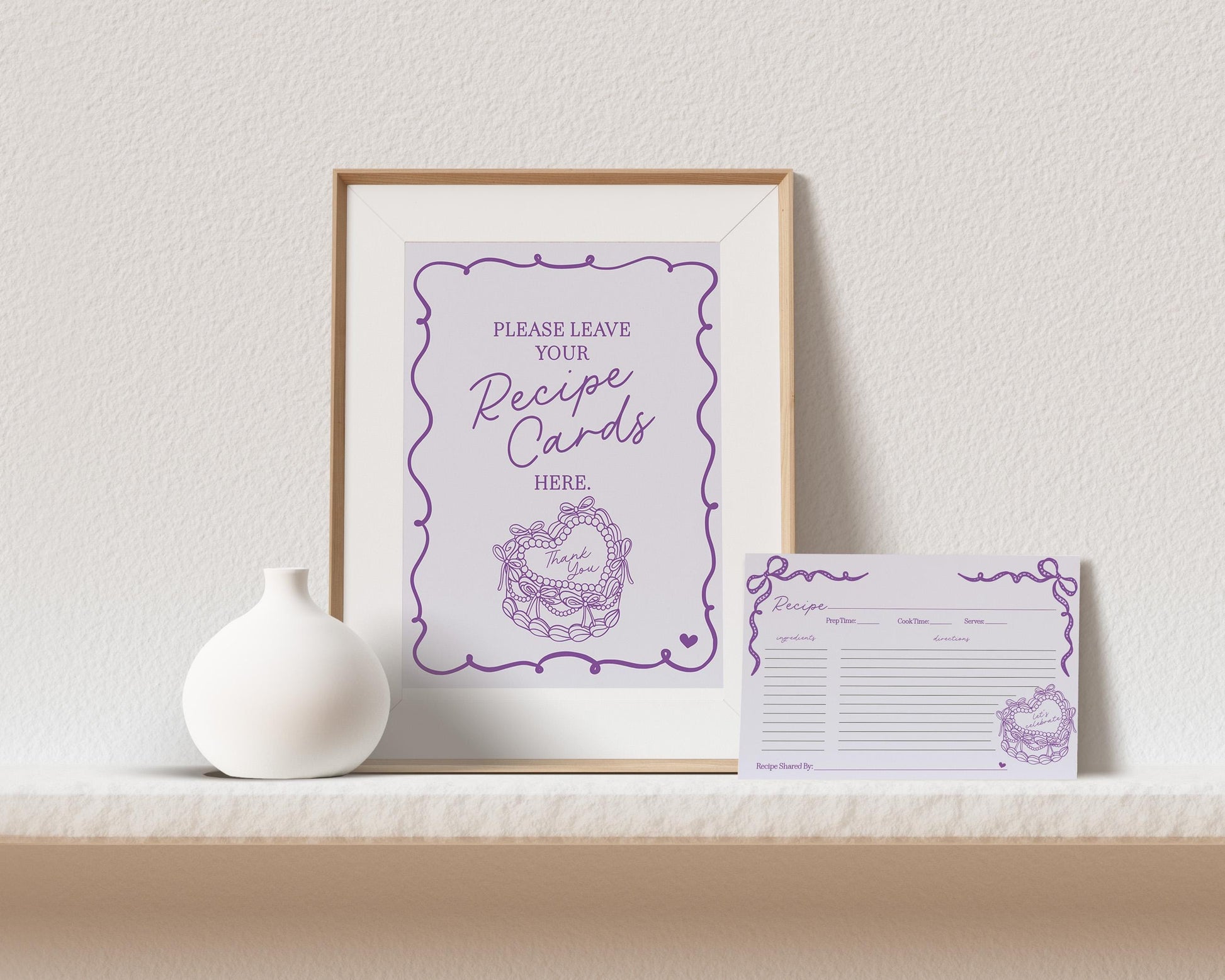 Purple Coquette Heart Cake Recipe Card Printable Template, Vintage Lavender Bow French Theme Retro Wedding Cake Bridal Brunch WP1035