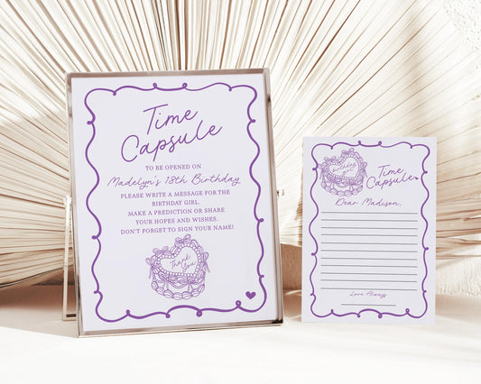 Purple Coquette Heart Cake Time Capsule Printable Template, Vintage Lavender Bow Cake for Sweet February Birthday Party Decor WP1035