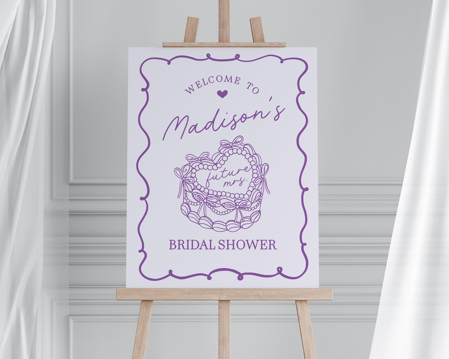 Purple Coquette Heart Cake Bridal Shower Welcome Sign Printable Template, Lavender Bow French Theme Retro Wedding Cake Bridal Brunch WP1035