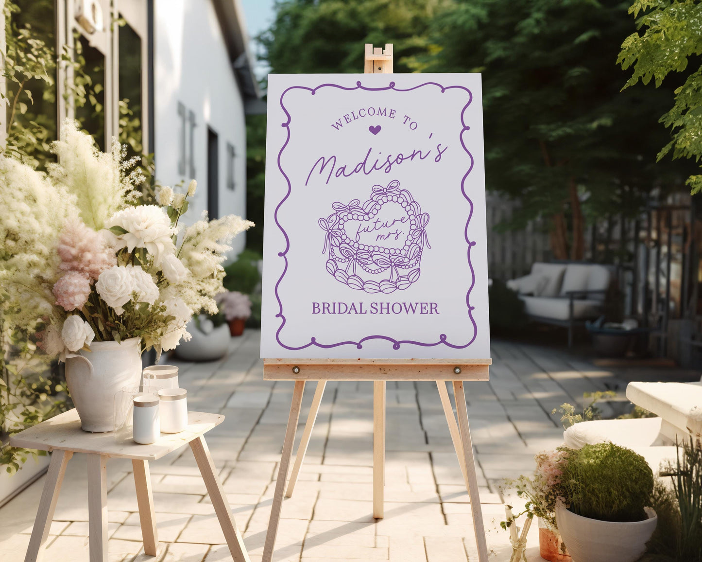 Purple Coquette Heart Cake Bridal Shower Welcome Sign Printable Template, Lavender Bow French Theme Retro Wedding Cake Bridal Brunch WP1035