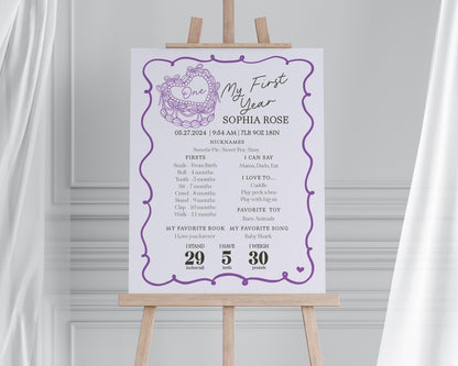 Purple Coquette Heart Cake First Year Milestone Sign Template, Vintage Lavender Bow Cake for Sweet February 1st Birthday Party Decor WP1035