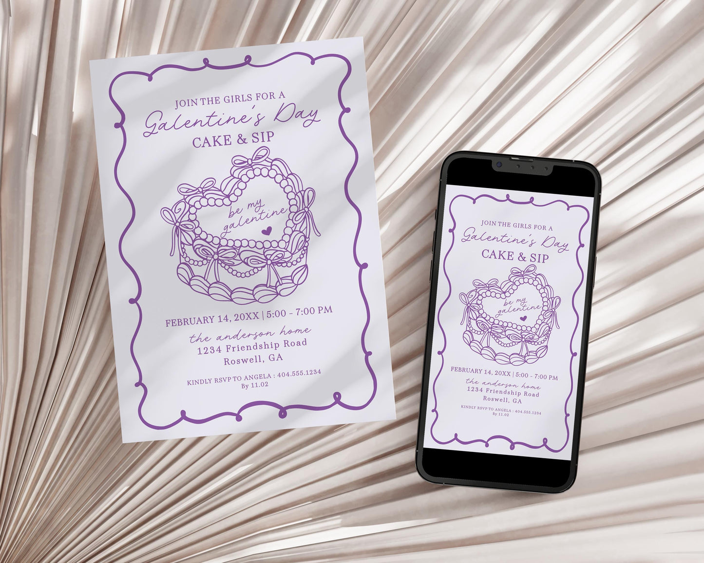 Purple Retro Coquette Heart Cake Galentine Party Invitation Template, Vintage Sweet Galentines Day Brunch, Lavender Bow February WP1035