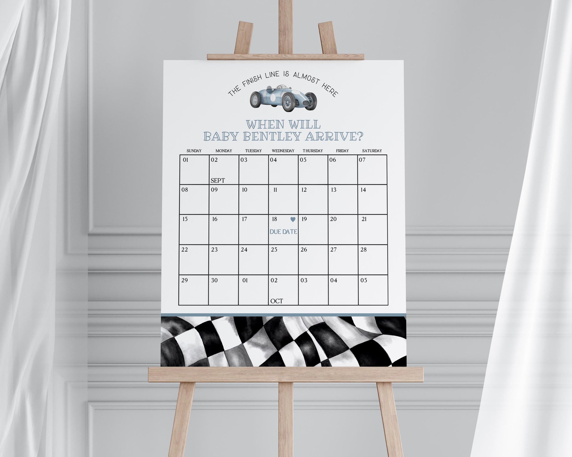 Blue Race Car Baby Shower Guess the Date Game Template