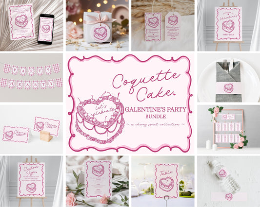 Pink Retro Coquette Heart Cake Galentines Party Bundle Printable Template