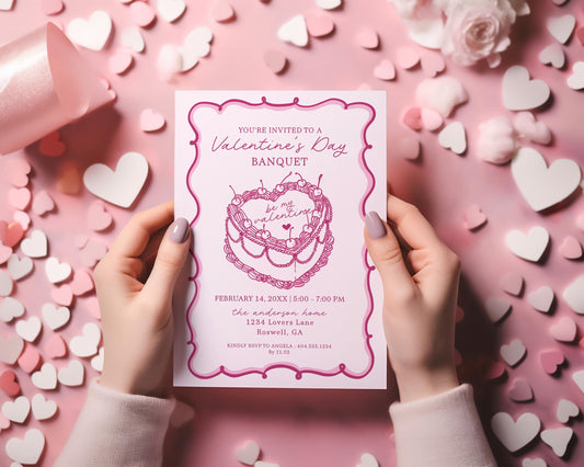 Pink Retro Coquette Heart Cake Valentines Party Invitation Template