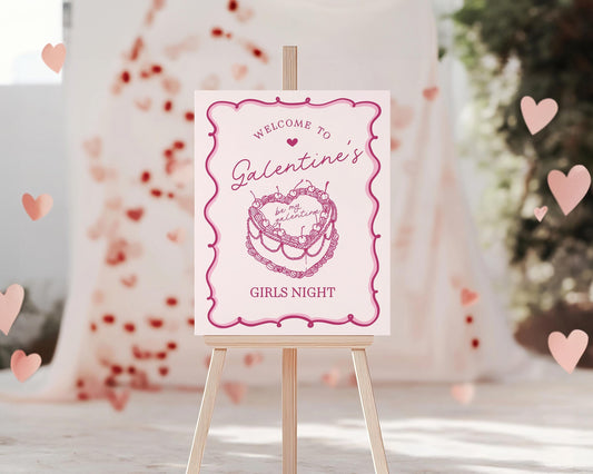 Pink Retro Coquette Heart Cake Galentines Party Welcome Sign Printable Template