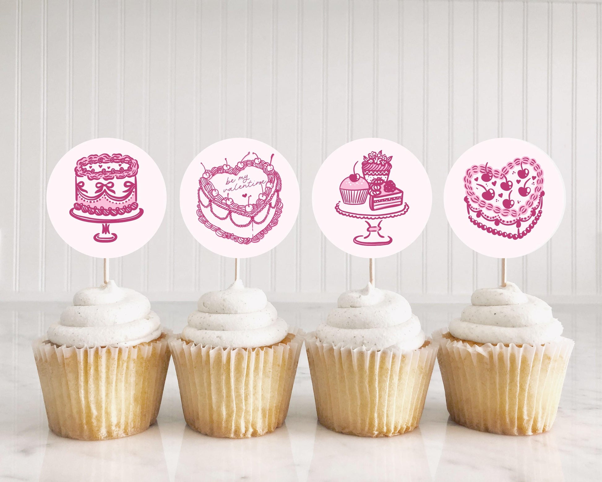 Pink Coquette Heart Cake Valentine Party Cupcake Toppers Printable Template