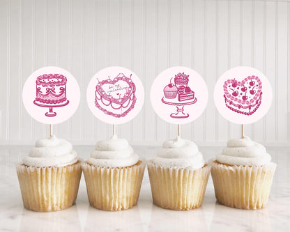 Pink Coquette Heart Cake Valentine Party Cupcake Toppers Printable Template