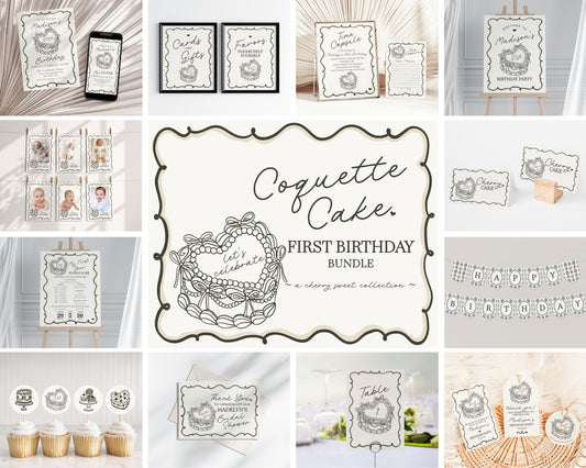 Beige Retro Heart Coquette Cake First Birthday Bundle Printable Template