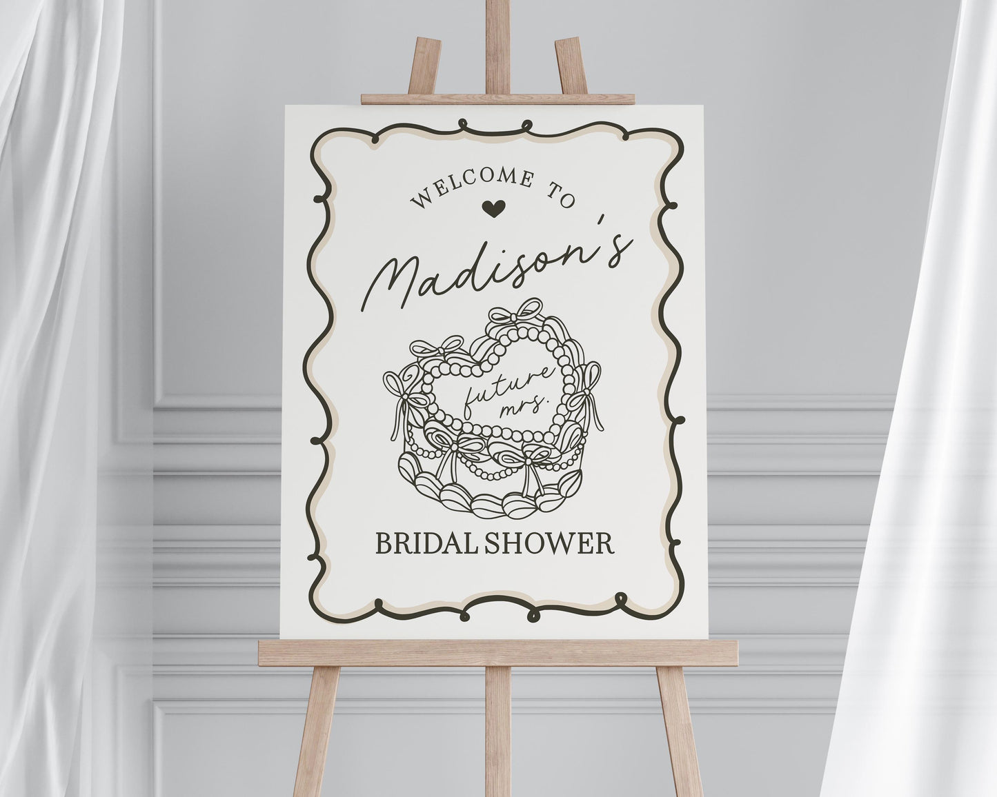 Beige Coquette Heart Cake Bridal Shower Welcome Sign Printable Template