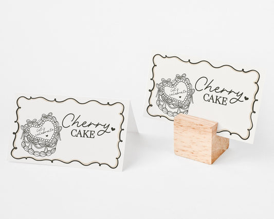 Beige Coquette Heart Cake Place Cards for Birthday Template, Birthday Black Bow Cake February Valentines Party Decor Bridal Shower WP1033