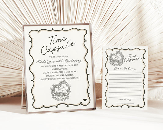 Beige Coquette Heart Cake Time Capsule Template, Vintage French Theme, Black Bow Cake for Sweet February Birthday Party Decor WP1033