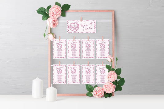 Pink Retro Heart Cake Seating Chart Cards Printable Template, Vintage Bridal Shower Cherry Sweet February Theme Birthday Party Decor WP1008