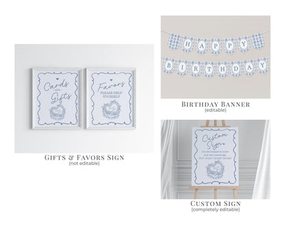 Blue Retro Heart Coquette Cake First Birthday Bundle Printable Template, Vintage Blue Bow Cake, Sweet February Birthday Party Decor WP1034