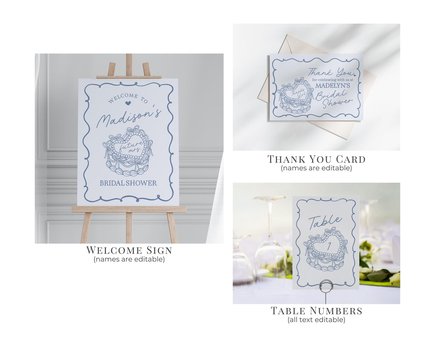 Blue Retro Coquette Heart Cake Bridal Shower Bundle Printable Template, Vintage Blue Bow Theme Retro Wedding Cake Bridal Brunch WP1034