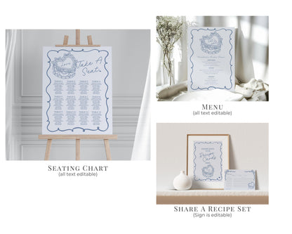 Blue Retro Coquette Heart Cake Bridal Shower Bundle Printable Template, Vintage Blue Bow Theme Retro Wedding Cake Bridal Brunch WP1034