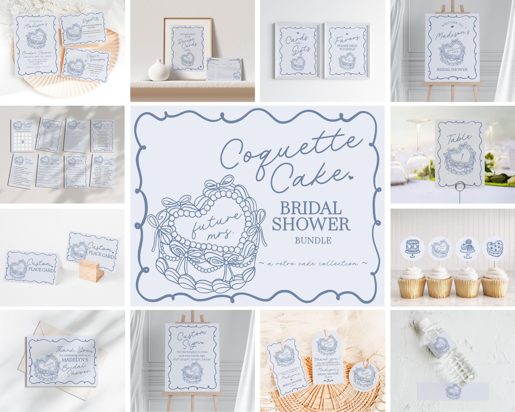 Blue Retro Coquette Heart Cake Bridal Shower Bundle Printable Template, Vintage Blue Bow Theme Retro Wedding Cake Bridal Brunch WP1034