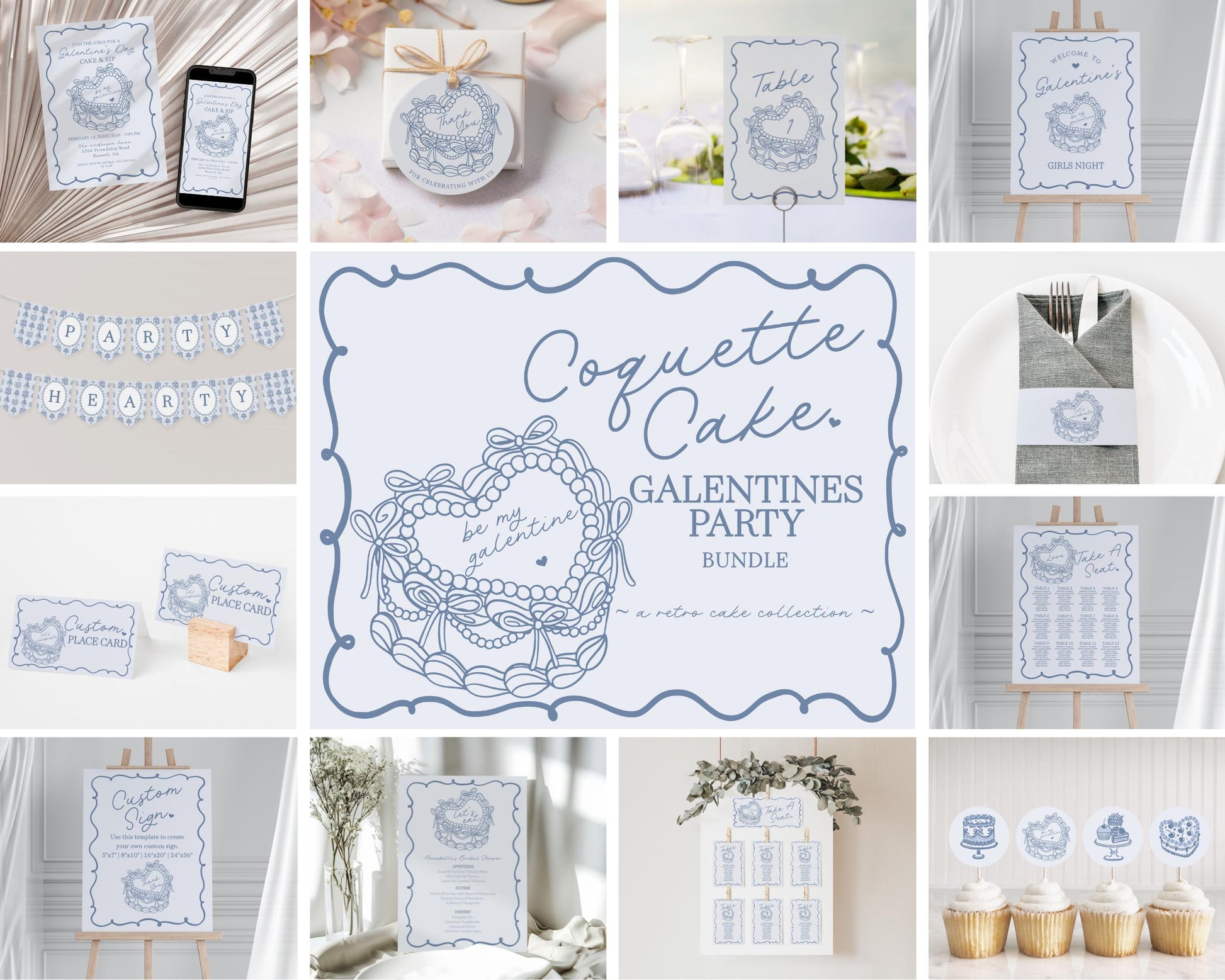 Blue Retro Coquette Heart Cake Galentines Party Bundle Template, Vintage Galentines Day Brunch, Blue Bow February Singles Girls Night WP1034