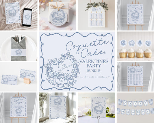 Blue Retro Coquette Heart Cake Valentines Party Bundle Template, Vintage Sweet Valentines Day Banquet, Blue Bow February Couple Night WP1034