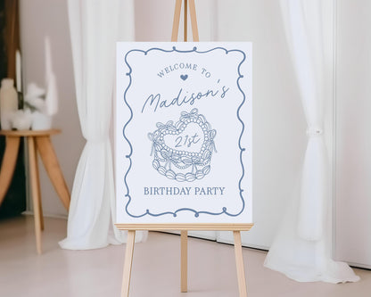 Blue Coquette Heart Cake Birthday Welcome Sign Printable Template, Vintage Blue Bow Cake for Sweet February Birthday Party Decor WP1034