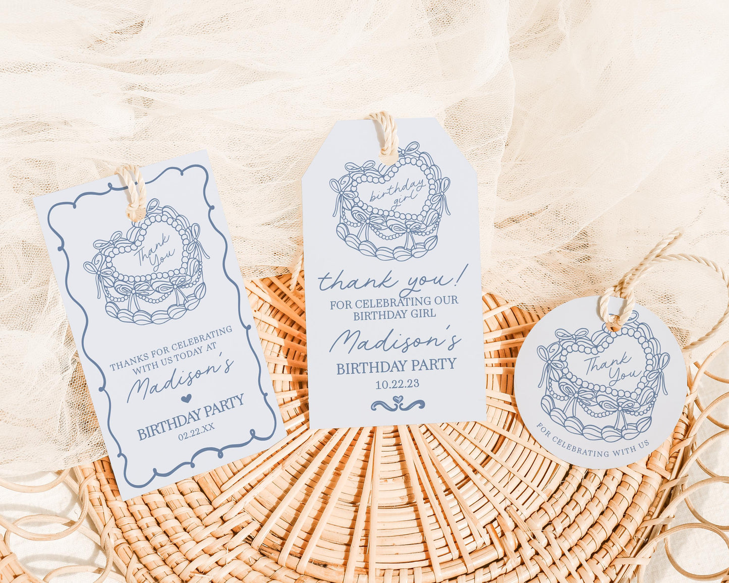 Blue Coquette Heart Cake Birthday Favor Tags Printable Template, Vintage Blue Bow Cake for Sweet February Birthday Party Decor WP1034