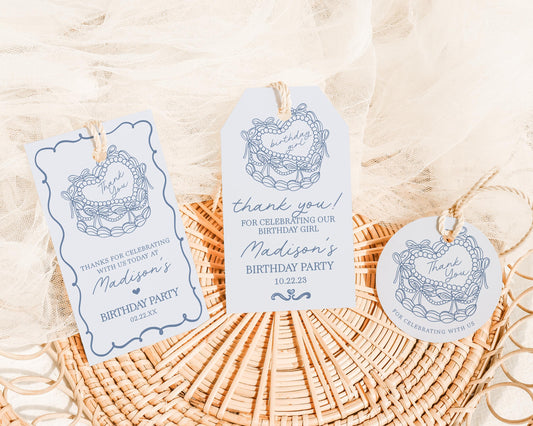 Blue Coquette Heart Cake Birthday Favor Tags Printable Template, Vintage Blue Bow Cake for Sweet February Birthday Party Decor WP1034