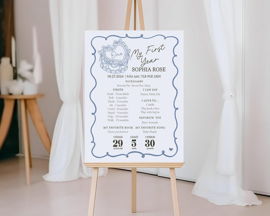 Blue Coquette Heart Cake First Year Milestone Sign Printable Template, Blue Bow Cake for Sweet February 1st Birthday Party Decor WP1034