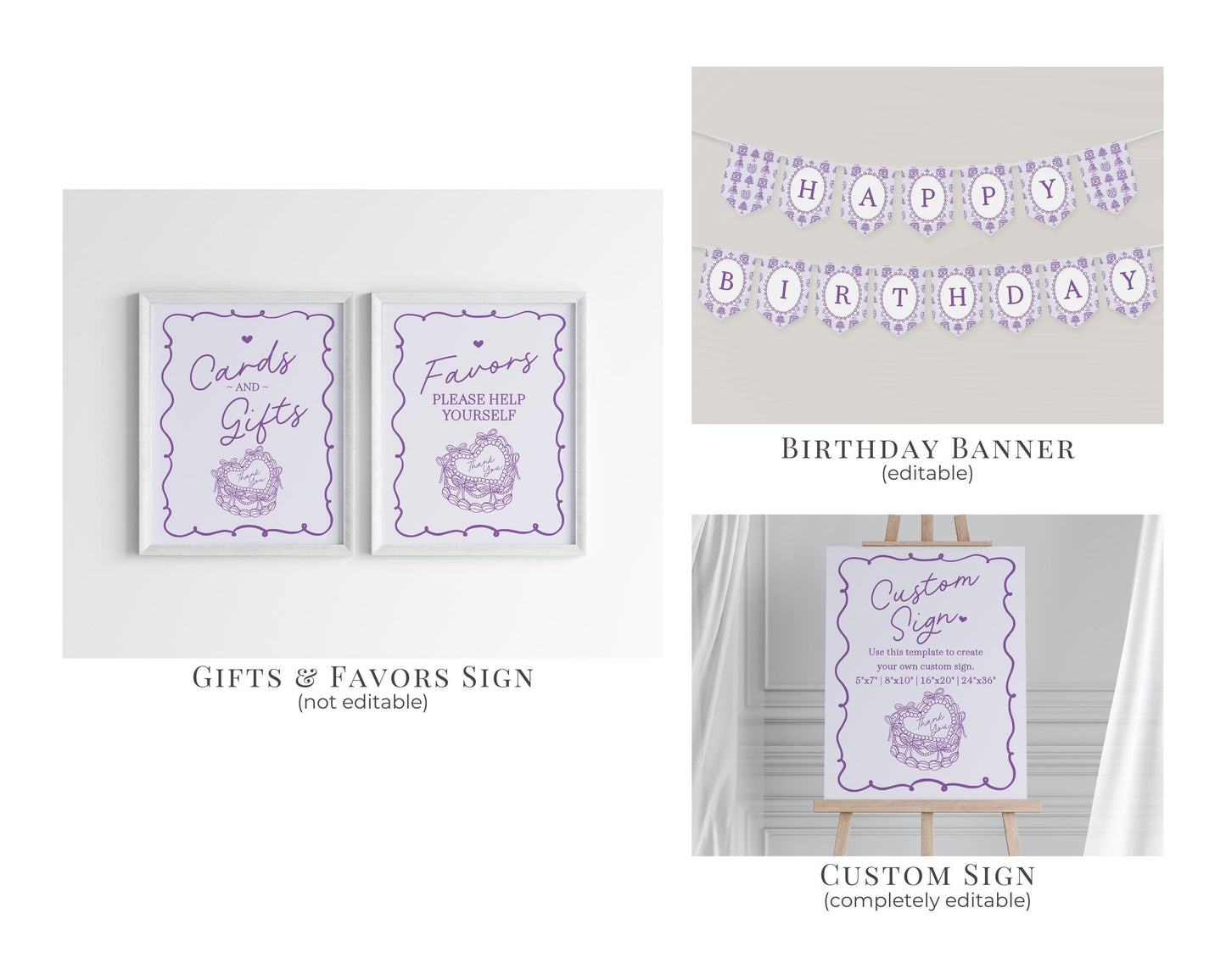 Purple Retro Heart Coquette Cake First Birthday Bundle Printable Template, Lavender Bow Cake for Sweet February Birthday Party Decor WP1035