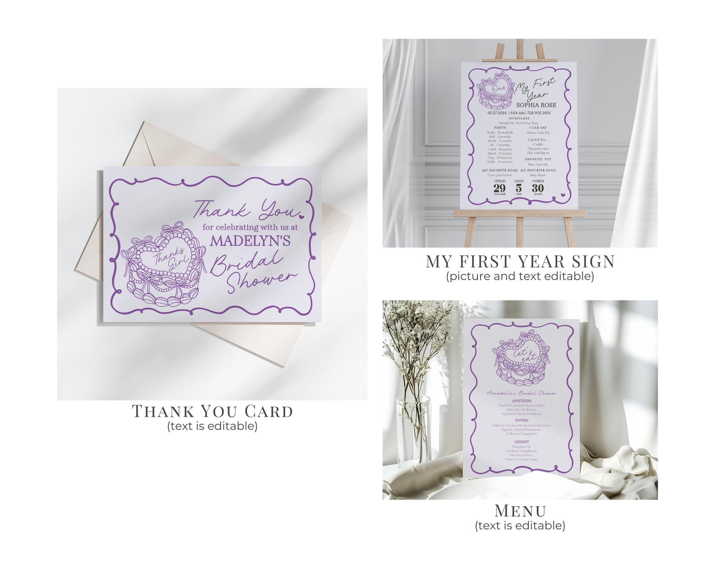 Purple Retro Heart Coquette Cake First Birthday Bundle Printable Template, Lavender Bow Cake for Sweet February Birthday Party Decor WP1035