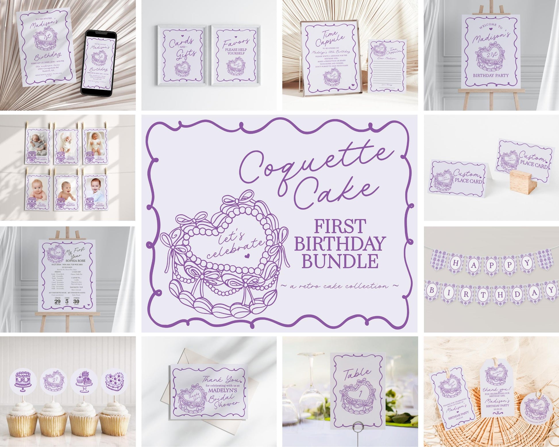 Purple Retro Heart Coquette Cake First Birthday Bundle Printable Template, Lavender Bow Cake for Sweet February Birthday Party Decor WP1035