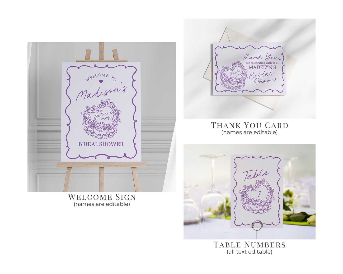 Purple Retro Coquette Heart Cake Bridal Shower Bundle Printable Template, Vintage Lavender Bow Theme Retro Wedding Cake Bridal Brunch WP1035