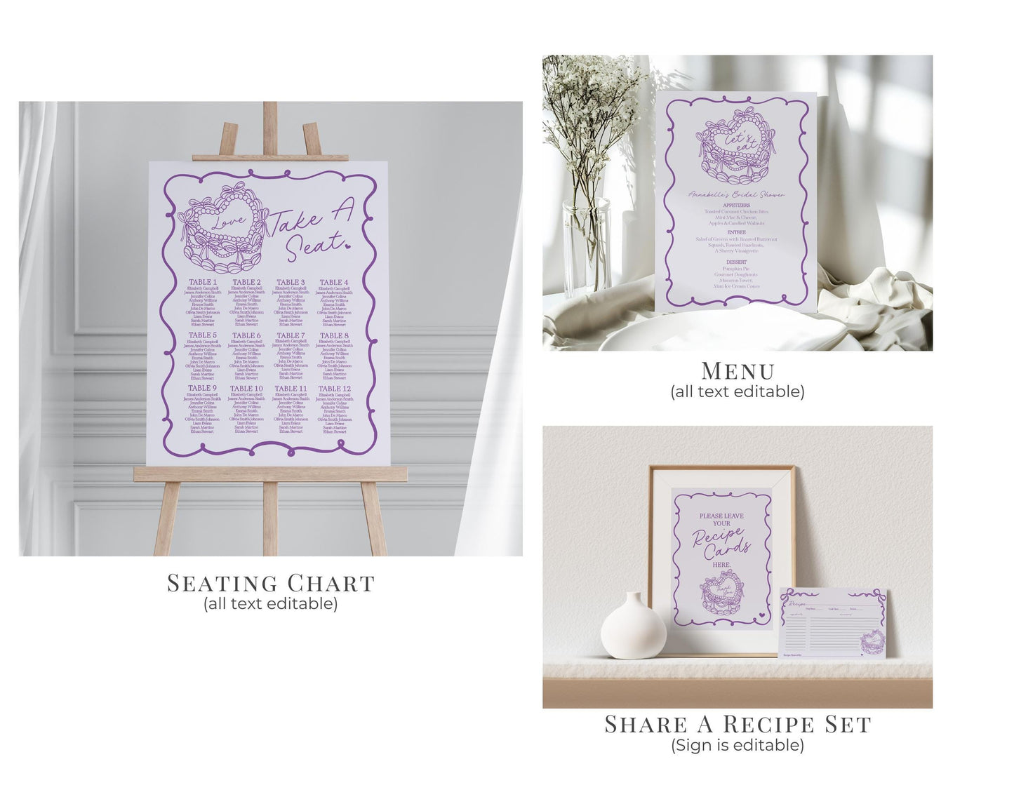 Purple Retro Coquette Heart Cake Bridal Shower Bundle Printable Template, Vintage Lavender Bow Theme Retro Wedding Cake Bridal Brunch WP1035