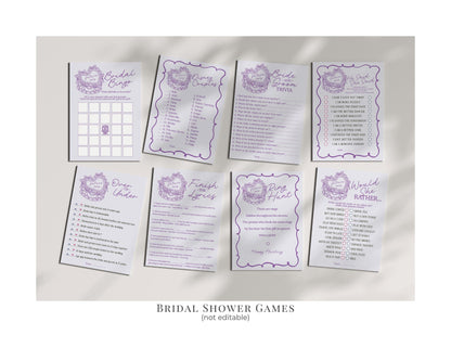 Purple Retro Coquette Heart Cake Bridal Shower Bundle Printable Template, Vintage Lavender Bow Theme Retro Wedding Cake Bridal Brunch WP1035