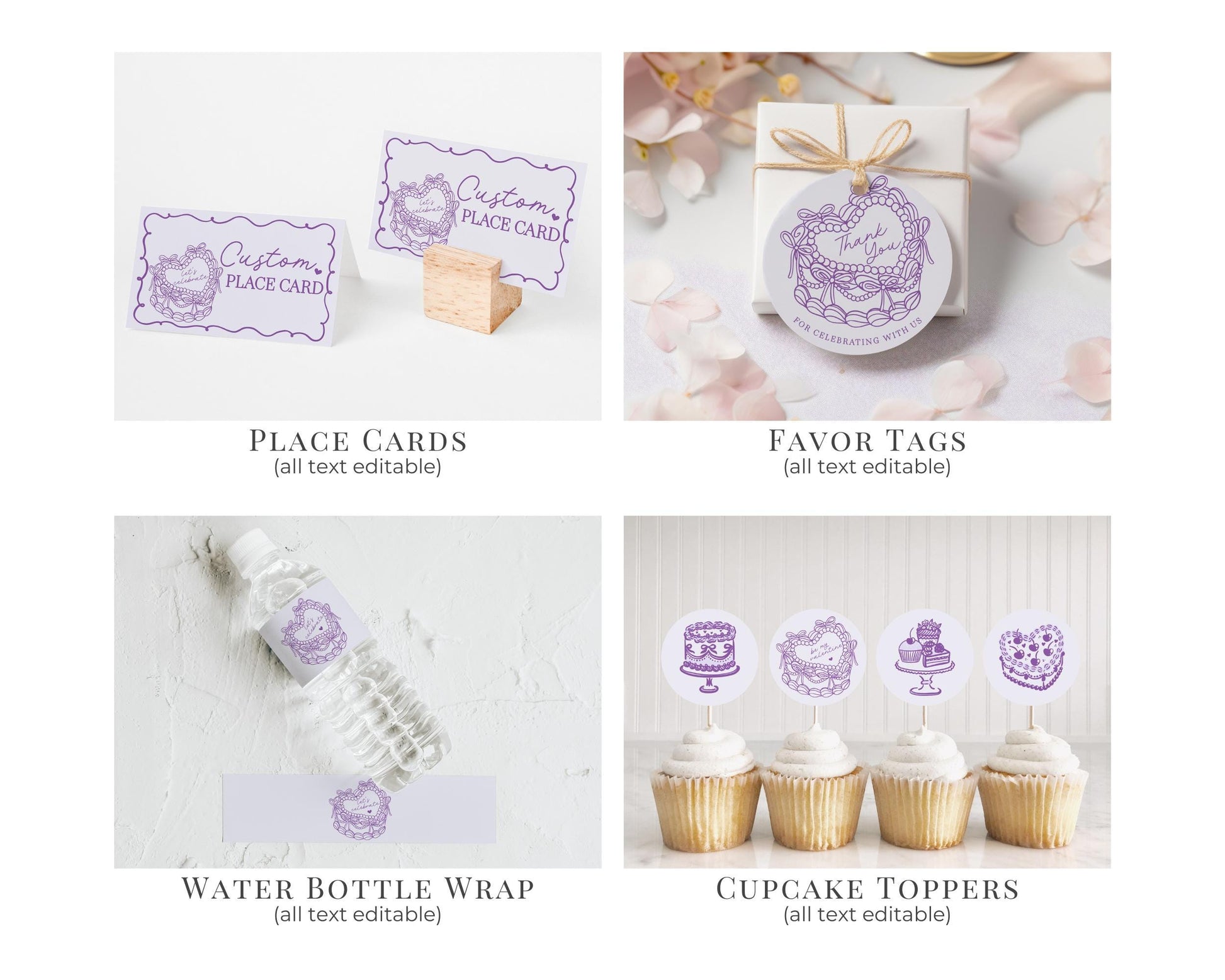 Purple Retro Coquette Heart Cake Valentines Party Bundle Template, Sweet Valentines Day Banquet, Lavender Bow February Couples Night WP1035