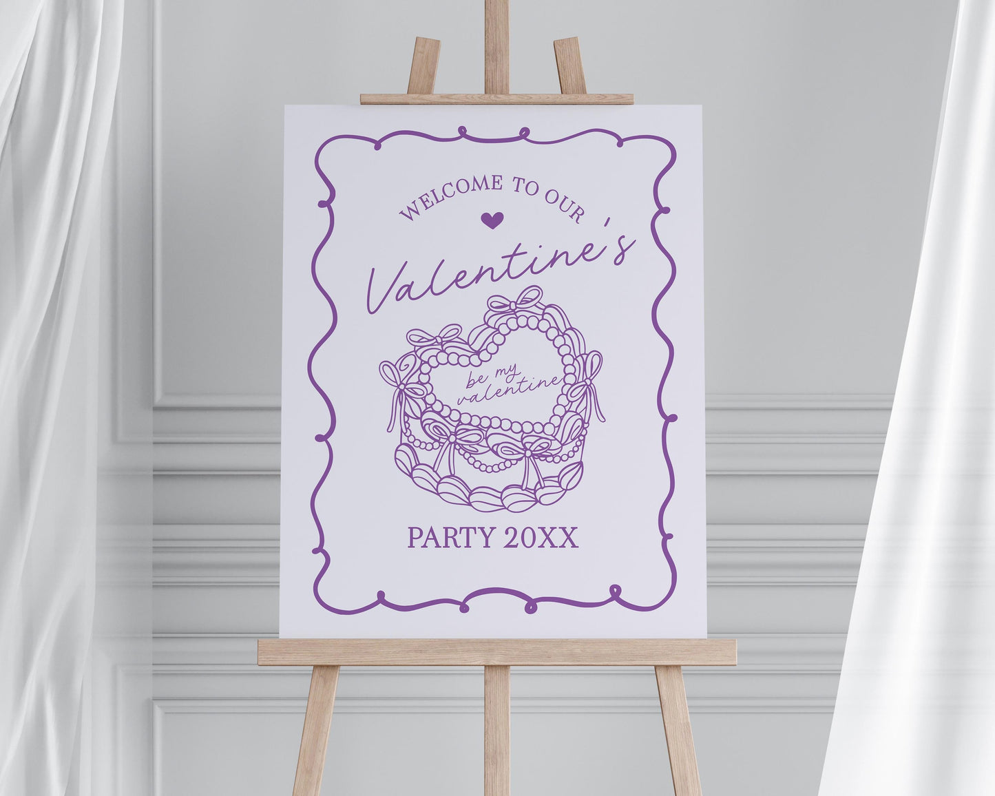 Purple Retro Coquette Heart Cake Valentines Party Bundle Template, Sweet Valentines Day Banquet, Lavender Bow February Couples Night WP1035