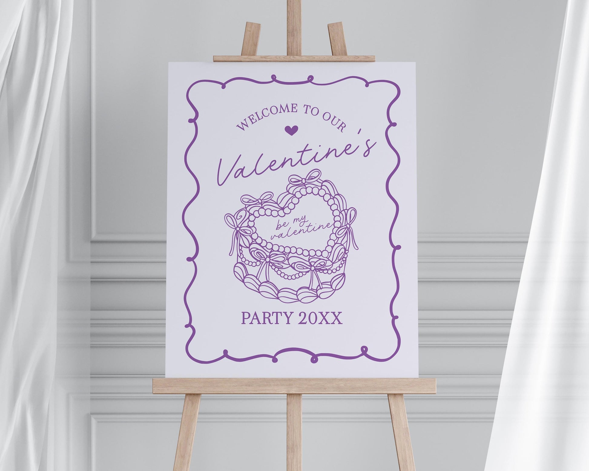 Purple Retro Coquette Heart Cake Valentines Party Bundle Template, Sweet Valentines Day Banquet, Lavender Bow February Couples Night WP1035