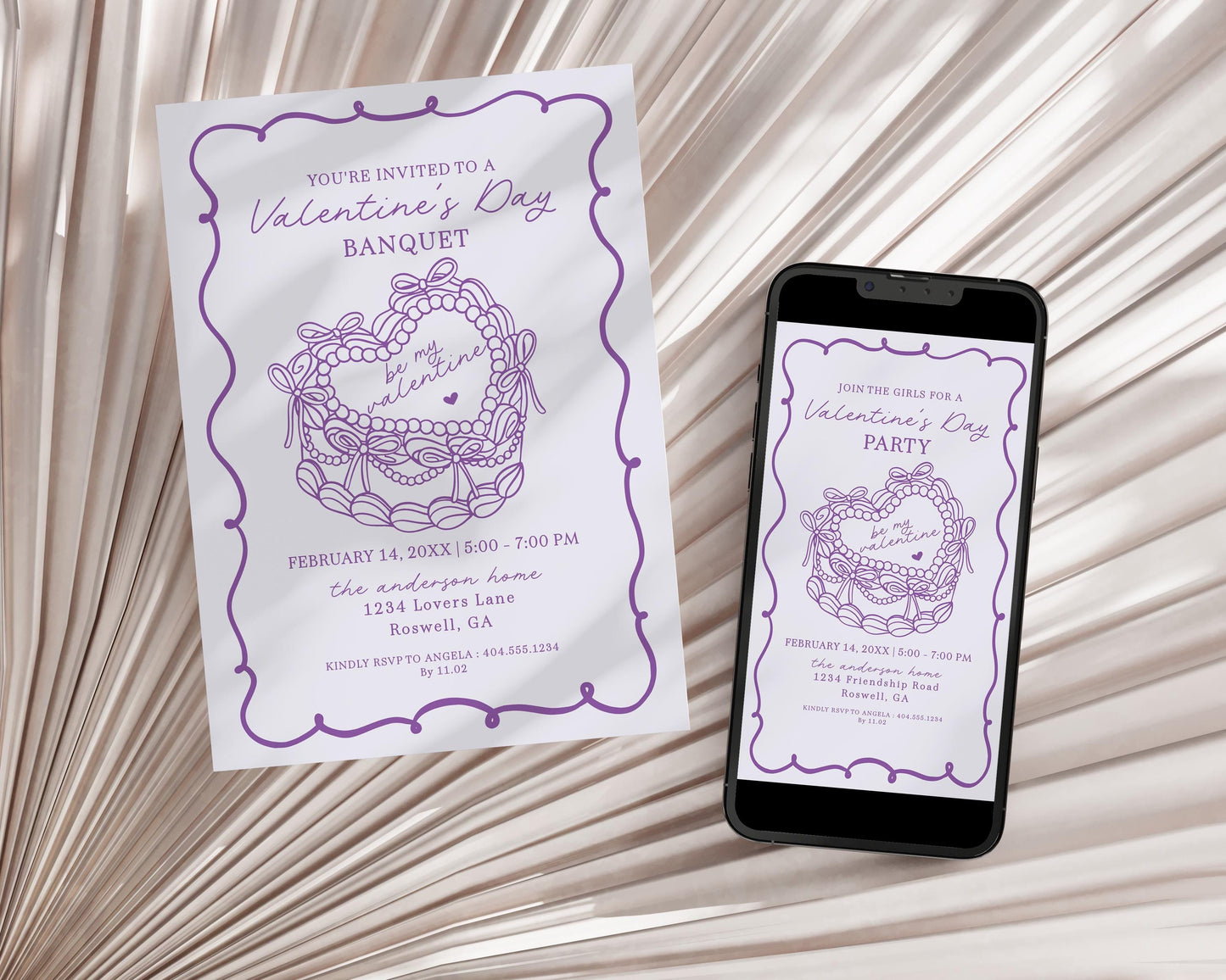 Purple Retro Coquette Heart Cake Valentines Party Bundle Template, Sweet Valentines Day Banquet, Lavender Bow February Couples Night WP1035