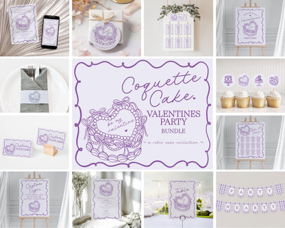 Purple Retro Coquette Heart Cake Valentines Party Bundle Template, Sweet Valentines Day Banquet, Lavender Bow February Couples Night WP1035