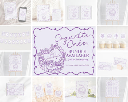 Purple Coquette Heart Cake Birthday Invitation Printable Template, Vintage Lavender Bow Cake for Sweet February Birthday Party Decor WP1035