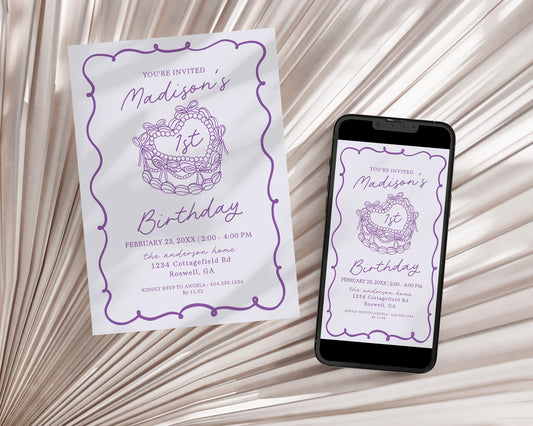 Purple Coquette Heart Cake 1st Birthday Invitation Template, Vintage Lavender Bow Cake for Sweet February First Birthday Party Decor WP1035