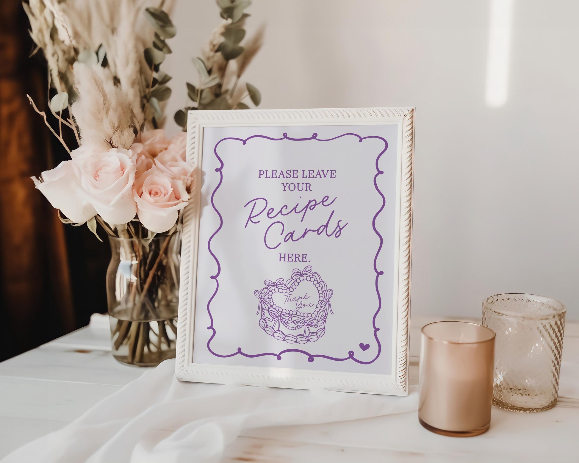 Purple Coquette Heart Cake Recipe Card Printable Template, Vintage Lavender Bow French Theme Retro Wedding Cake Bridal Brunch WP1035