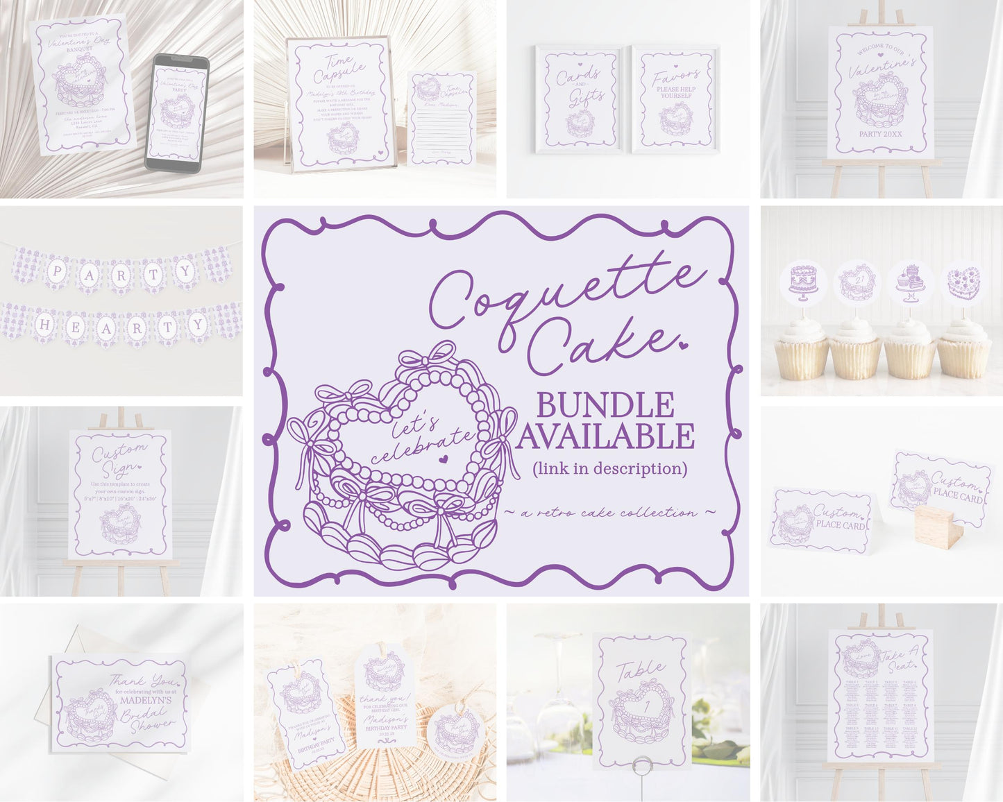 Purple Coquette Heart Cake Recipe Card Printable Template, Vintage Lavender Bow French Theme Retro Wedding Cake Bridal Brunch WP1035