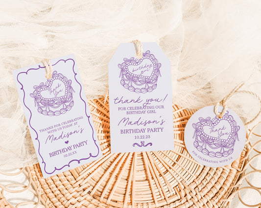 Purple Coquette Heart Cake Birthday Favor Tags Printable Template