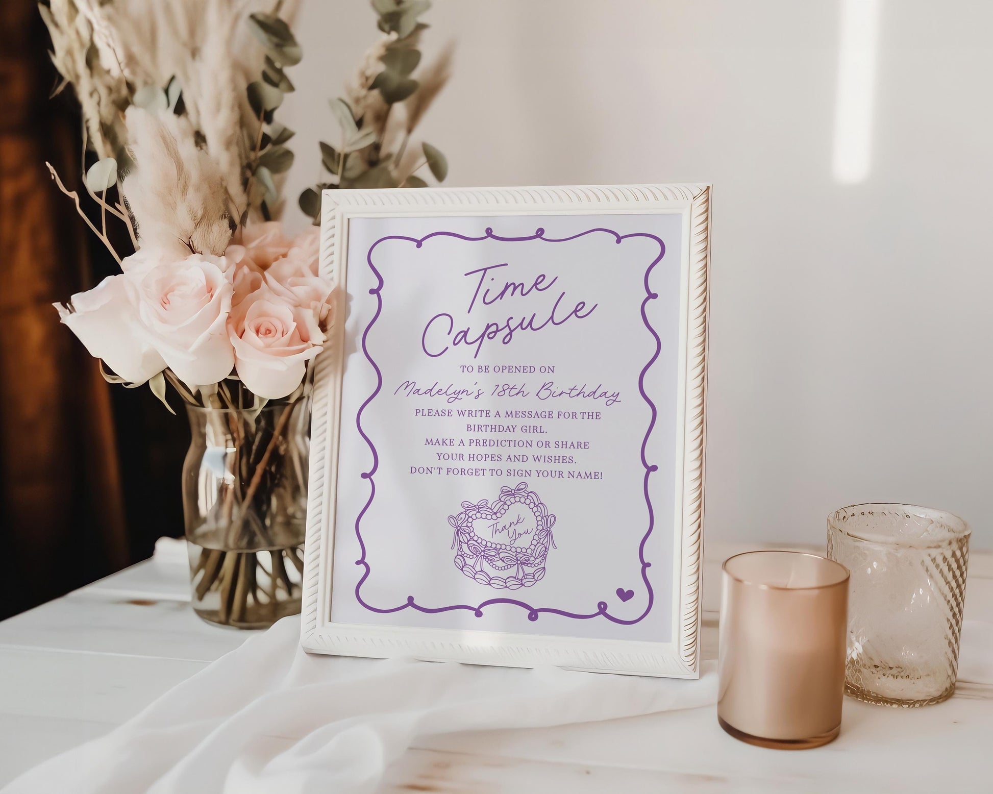 Purple Coquette Heart Cake Time Capsule Printable Template, Vintage Lavender Bow Cake for Sweet February Birthday Party Decor WP1035