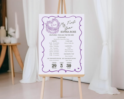 Purple Coquette Heart Cake First Year Milestone Sign Template, Vintage Lavender Bow Cake for Sweet February 1st Birthday Party Decor WP1035