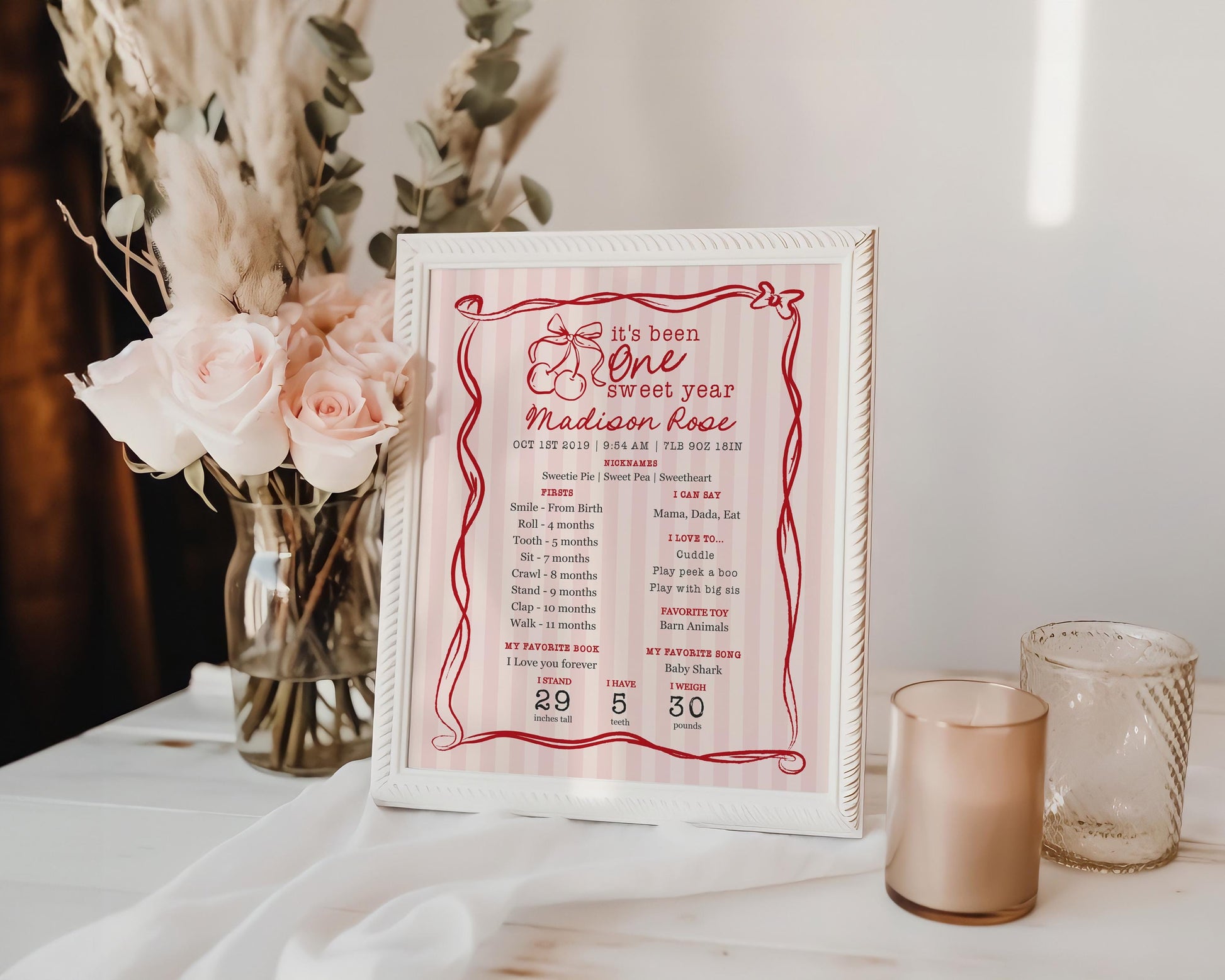 Pink Cherry Coquette Bow First Year Milestone Sign Printable Template Wilde Peach Party Pink Cherry Coquette Bow First Year Milestone Sign Printable Template Wilde Peach Party