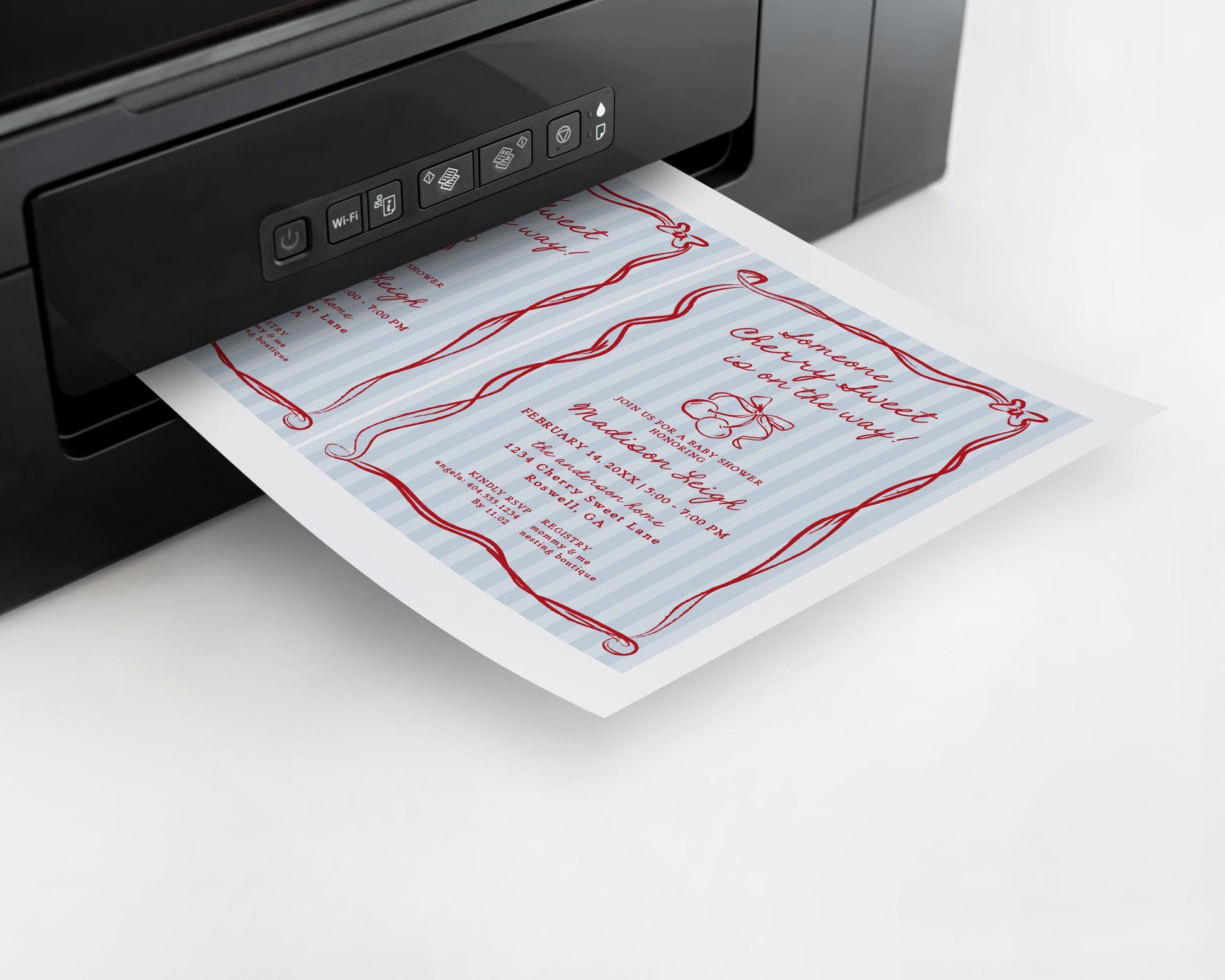 Blue Cherry Coquette Bow Baby Shower Invitation Template, Retro Cherry on Top Baby Sprinkle, Hand Drawn Party Decor Doodle Cherries WP1039