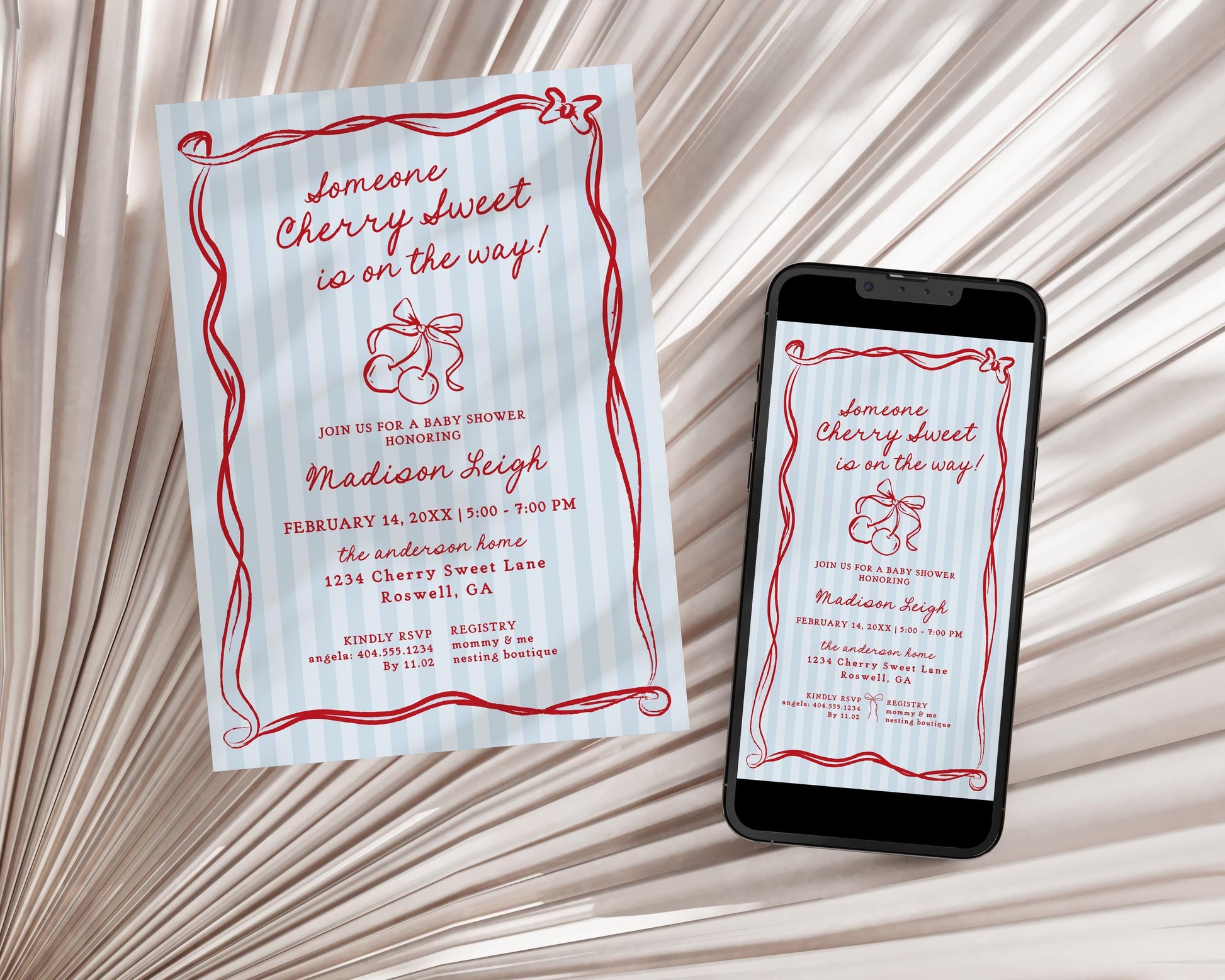 Blue Cherry Coquette Bow Baby Shower Invitation Template, Retro Cherry on Top Baby Sprinkle, Hand Drawn Party Decor Doodle Cherries WP1039