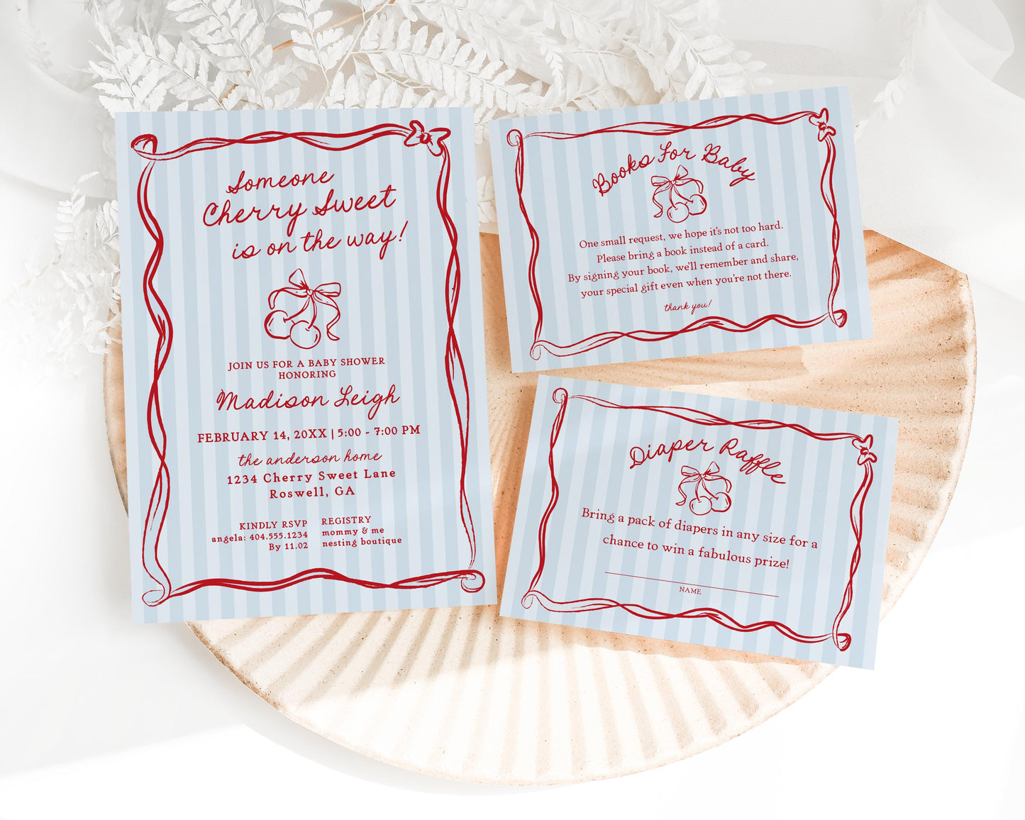 Blue Cherry Coquette Bow Baby Shower Invitation Template, Retro Cherry on Top Baby Sprinkle, Hand Drawn Party Decor Doodle Cherries WP1039