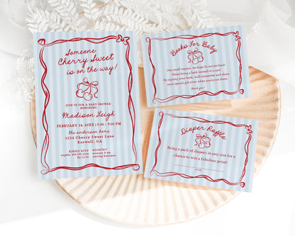 Blue Cherry Coquette Bow Baby Shower Invitation Template, Retro Cherry on Top Baby Sprinkle, Hand Drawn Party Decor Doodle Cherries WP1039